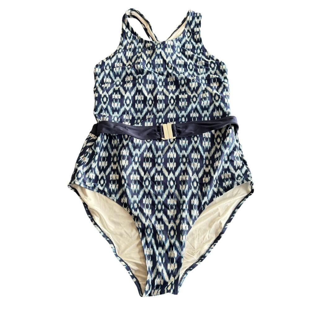 Old Navy navy blue and white one-piece swim suit with white belt, Size XXL